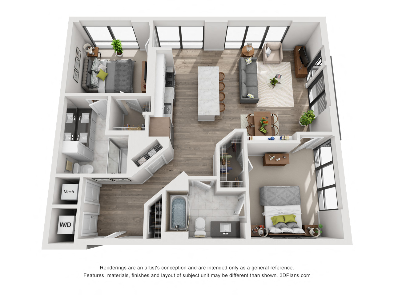 Floor plan for 2 beds, 2 baths, 1088 sqft